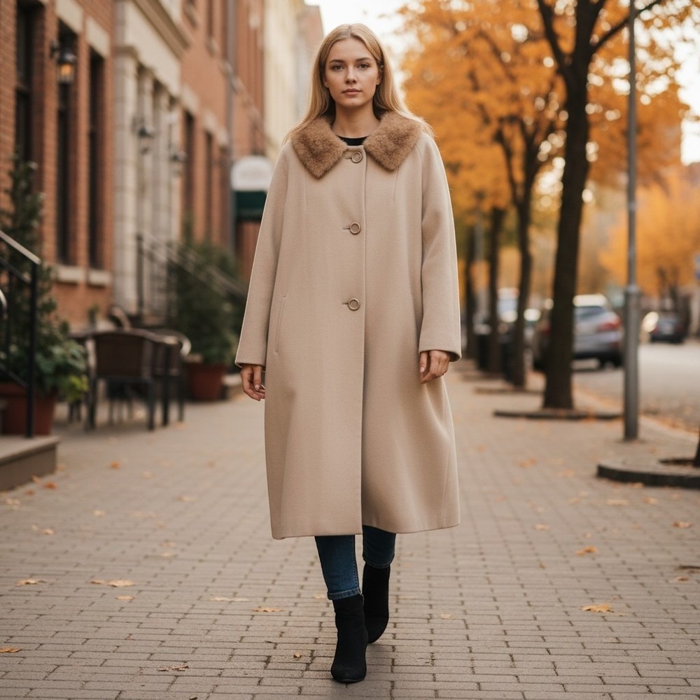 Vintage 50s 60s Oviatt's Los Angeles Wool Swing Coat Fur Collar Beige L Luxury